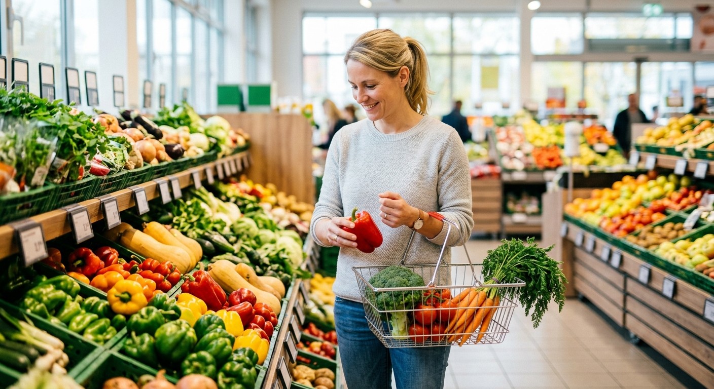 Einkaufscoaching im Supermarkt Frau legt im Supermarkt frisches Gemüse in ihren Einkaufskorb