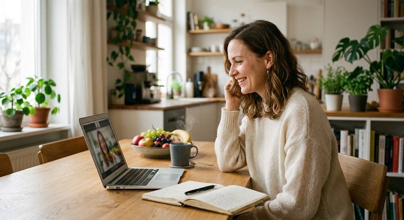 Ernährungsberatung online per Video-Call Frau sitzt am Küchentisch vor einem Laptop und spricht in einem Video-Call über ihre Ernährung